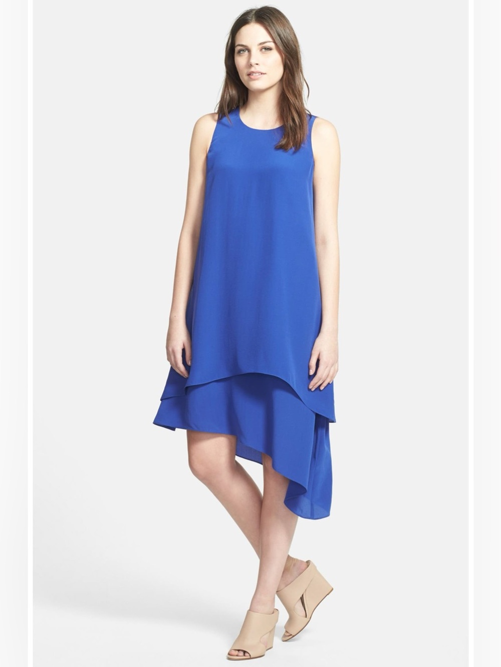 Eileen Fisher Layered Asymmetrical Silk Dress Sapphire Blue Size 1X NWT